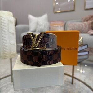 Louis Vuitton Brown Checkered Belt with Gold Buckle